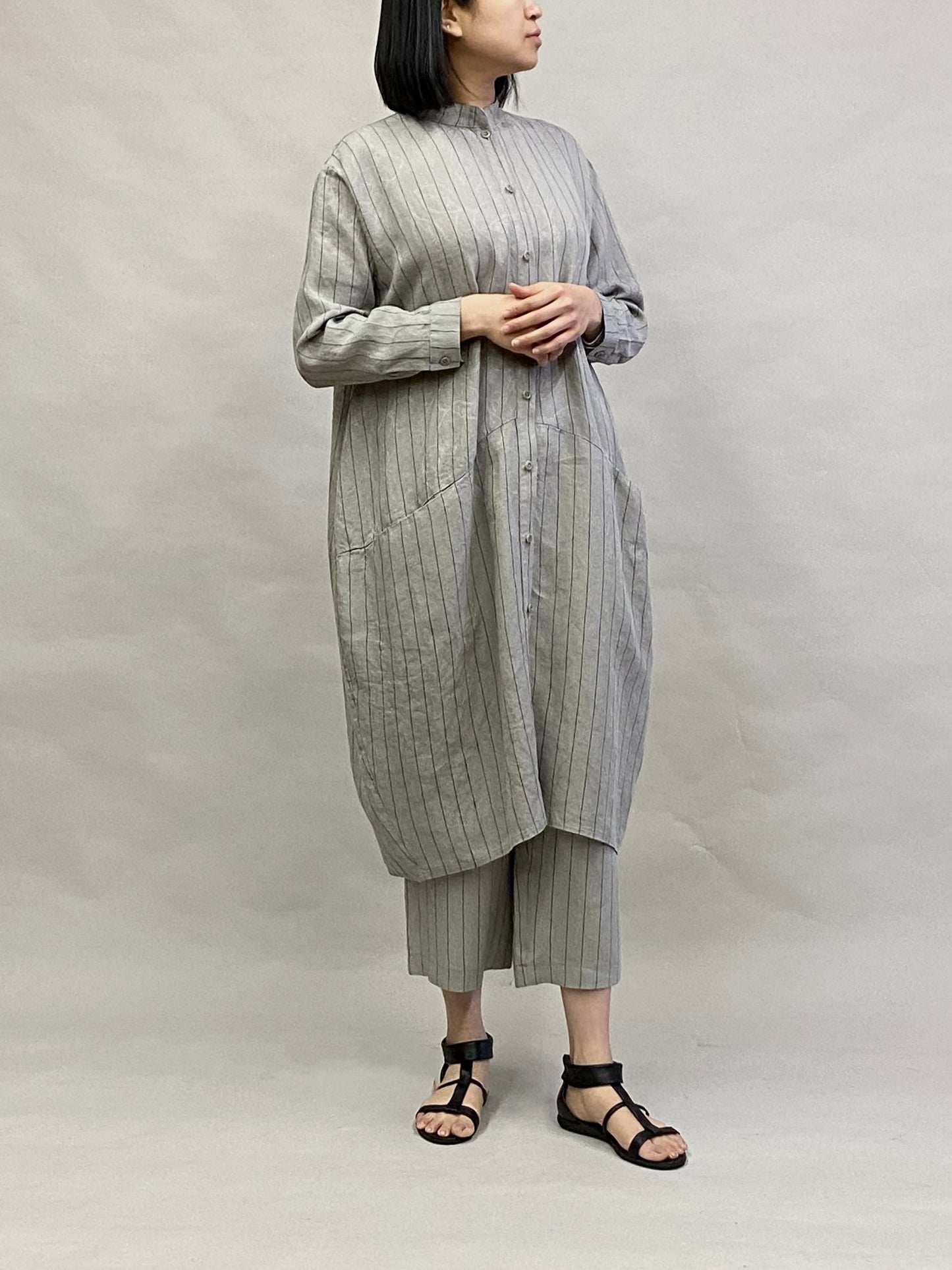 麻ストライプ ジャガード ロングシャツ【グレー】 ヨシヨシバイピージェイ