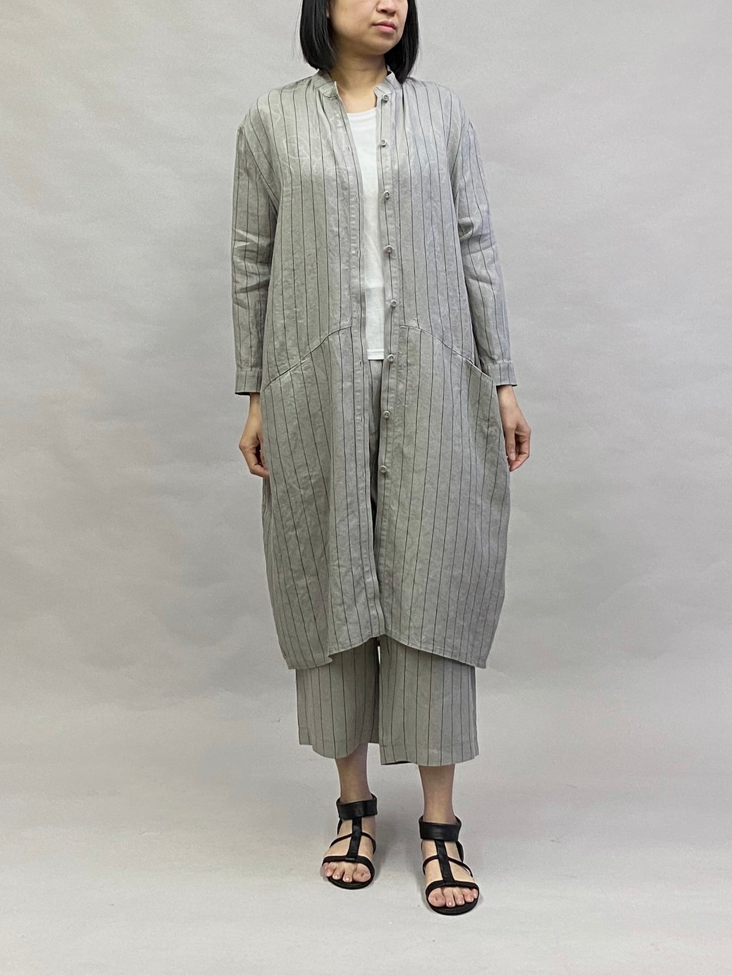 麻ストライプ ジャガード ロングシャツ【グレー】 ヨシヨシバイピージェイ