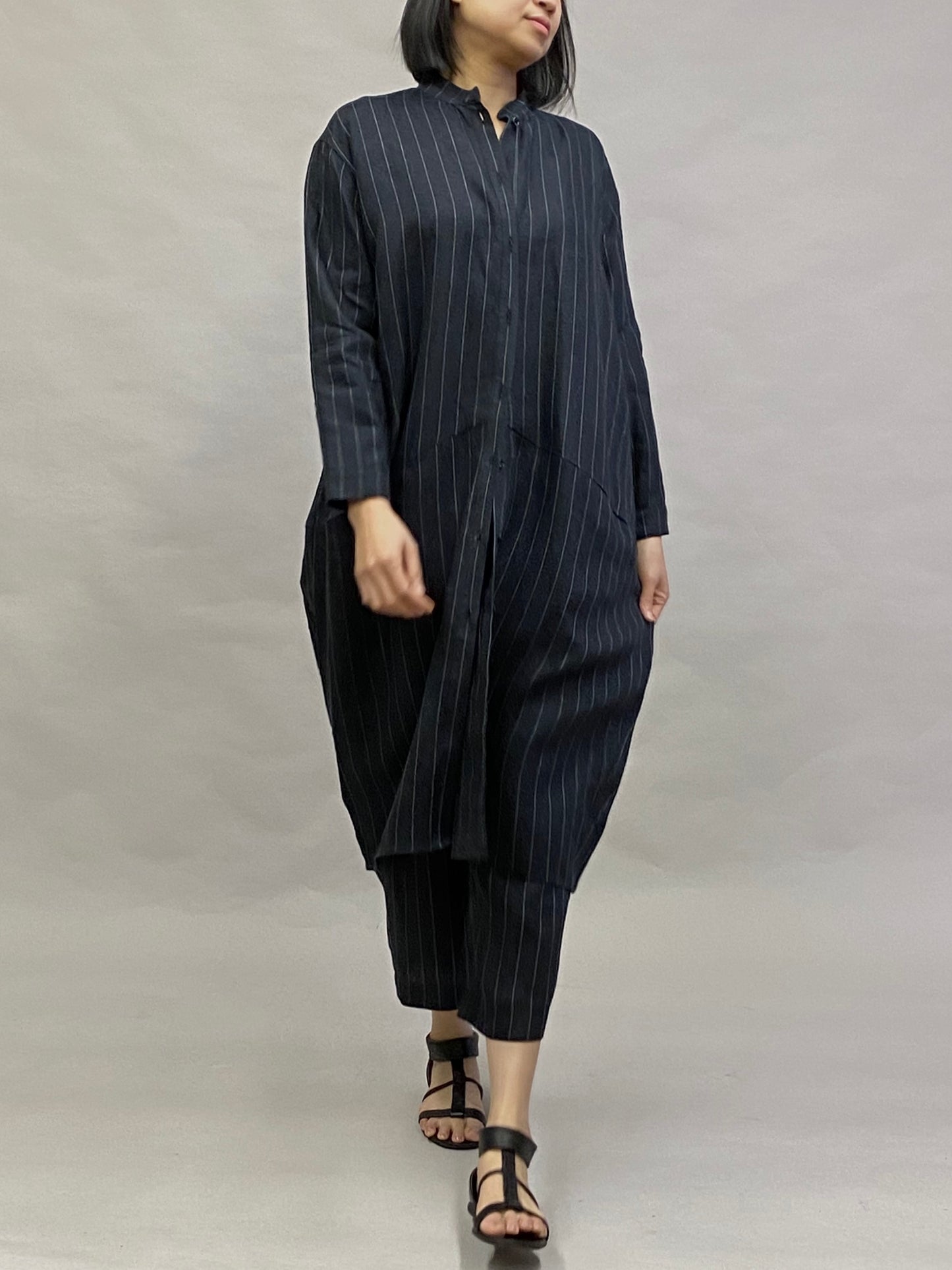 麻ストライプ ジャガード ロングシャツ【ブラック】 ヨシヨシバイピージェイ