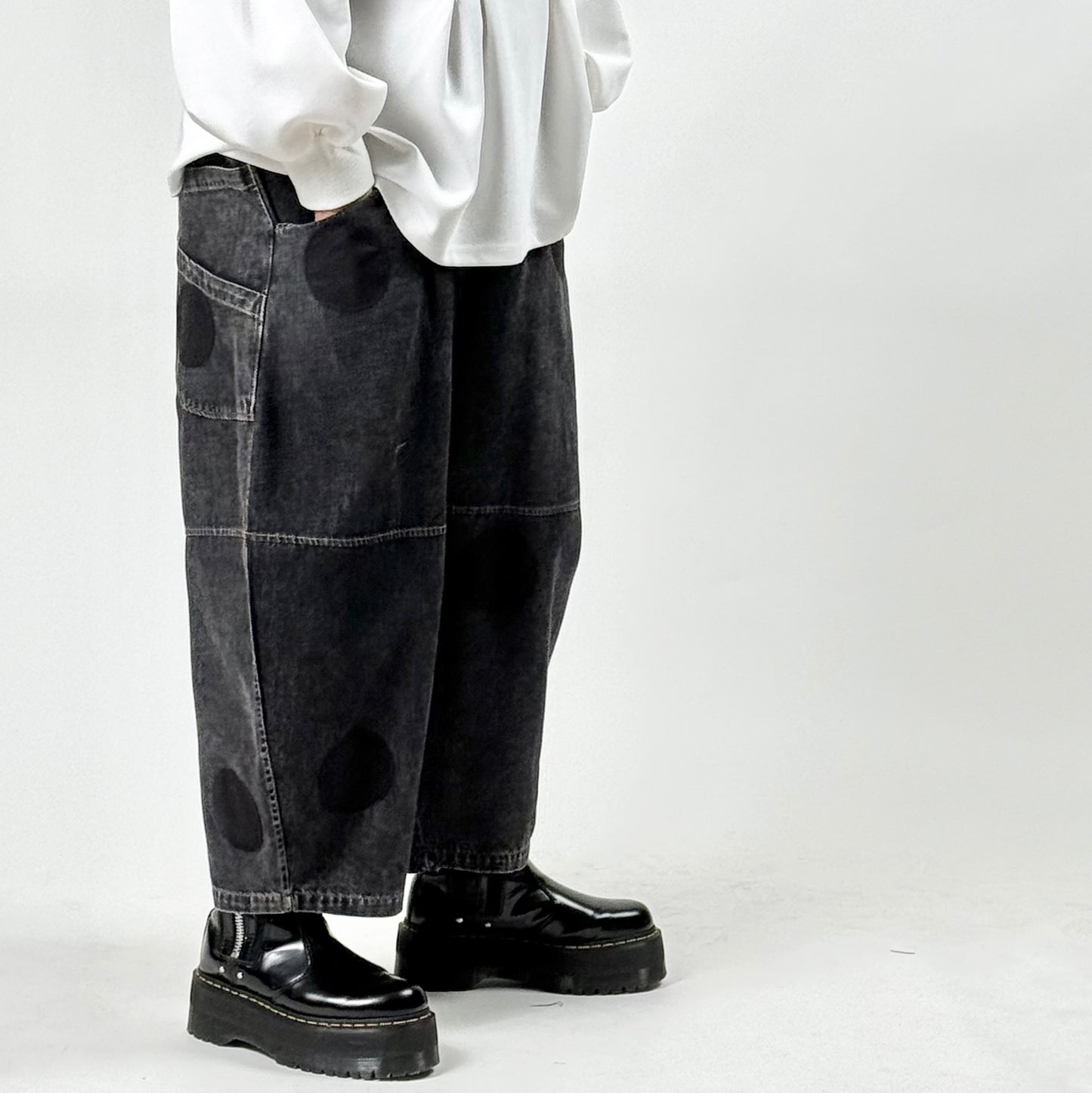 ドット柄 アップリケ デザイン ブラックデニム コクーンパンツ BPS-26060 [Bell Pony]