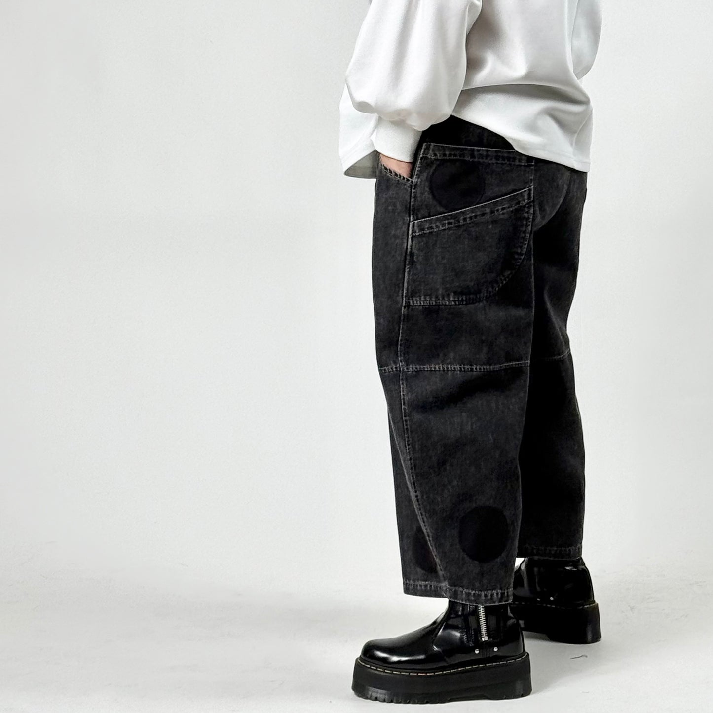 ドット柄 アップリケ デザイン ブラックデニム コクーンパンツ BPS-26060 [Bell Pony]