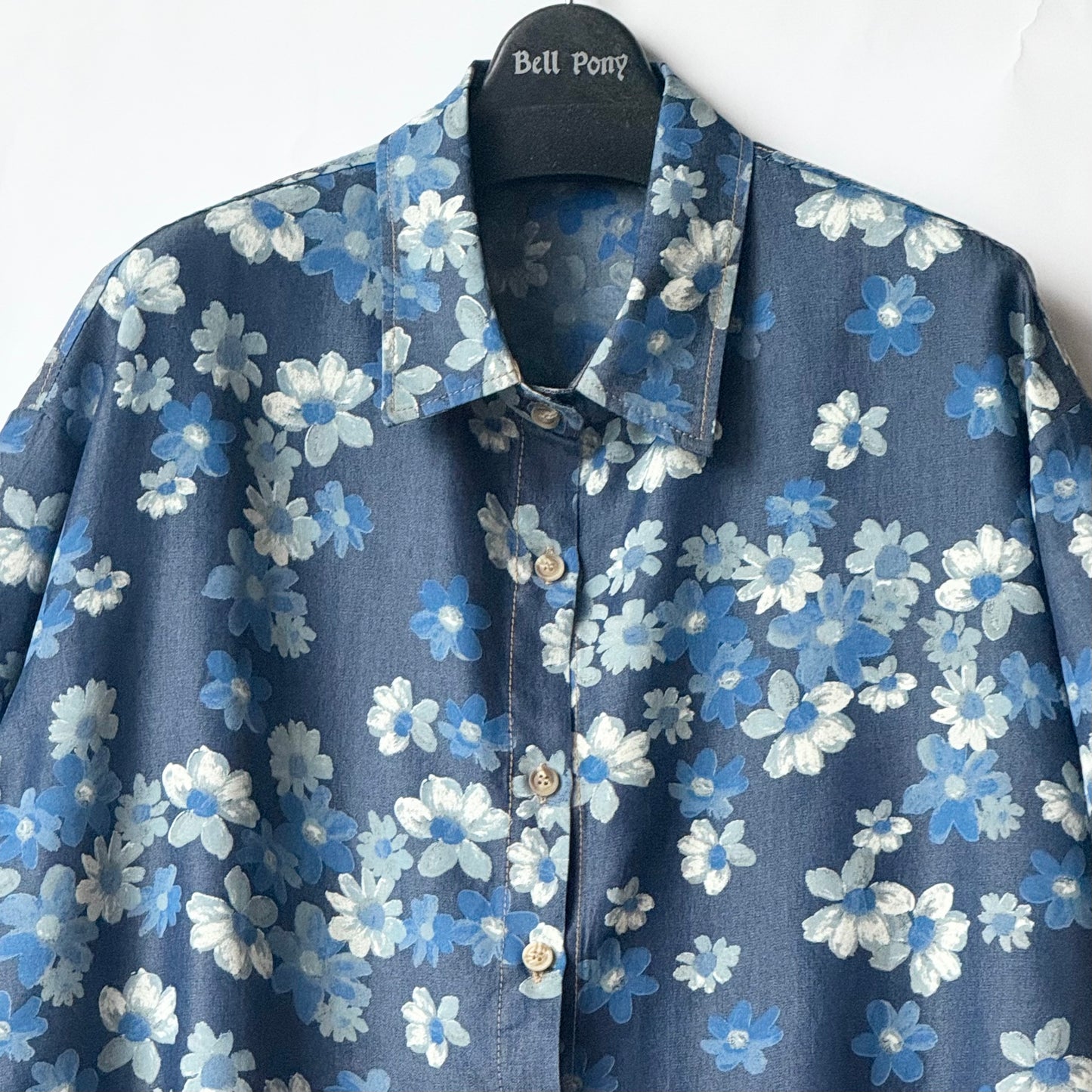 花柄 プリント デニム風 半袖シャツ BPS-25291-blue-white-free [Bell Pony]
