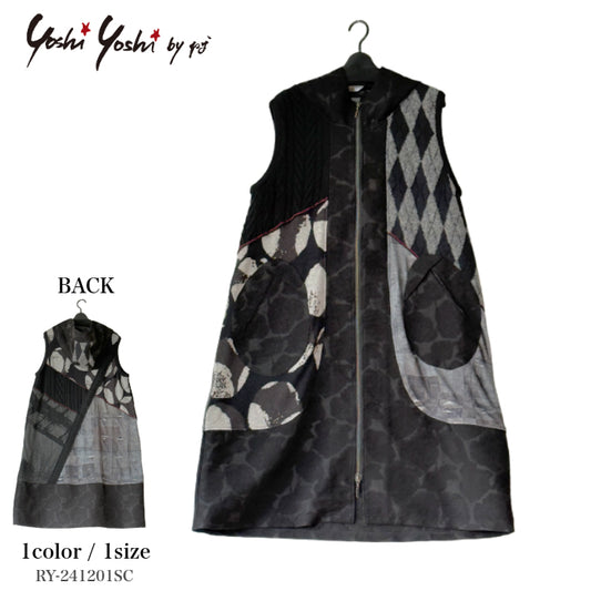 異素材切り替え パッチワーク ロングジレ  RY-241201SC [Yoshi Yoshi by pj]