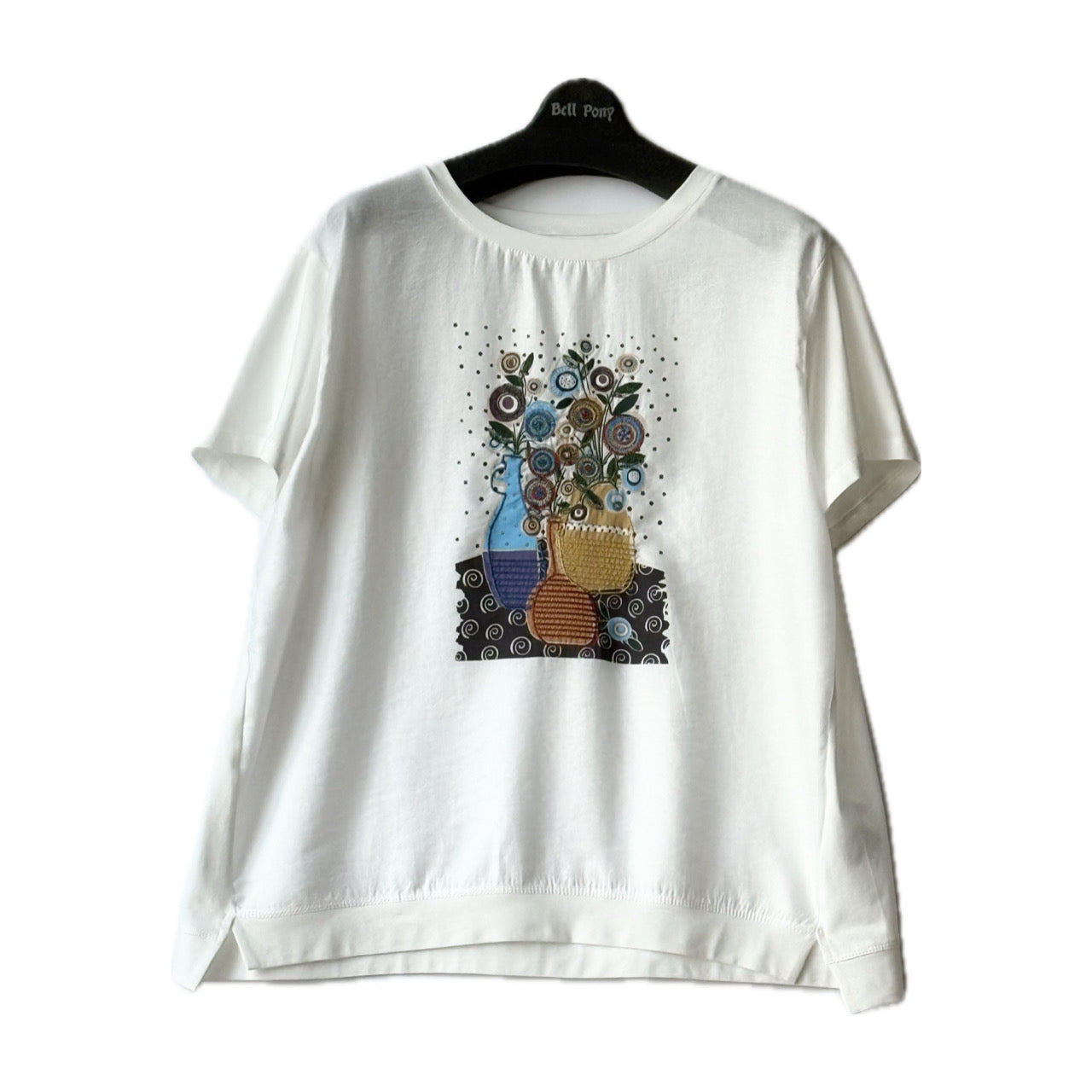 異素材切り替え カラフル花柄 シシュウ+プリント Tシャツ BPS-25512 [Bell Pony]