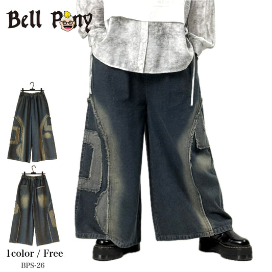 アップリケ刺繍 デニムワイドパンツ BPS-26147 [Bell Pony]