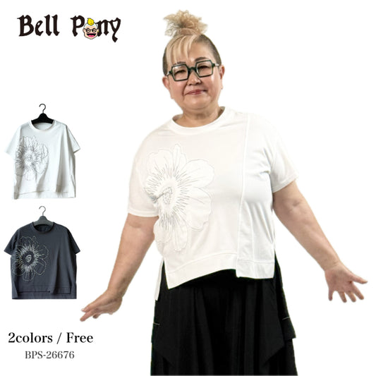 フラワーステッチ アシンメトリー Tシャツ BPS-26676 [Bell Pony]