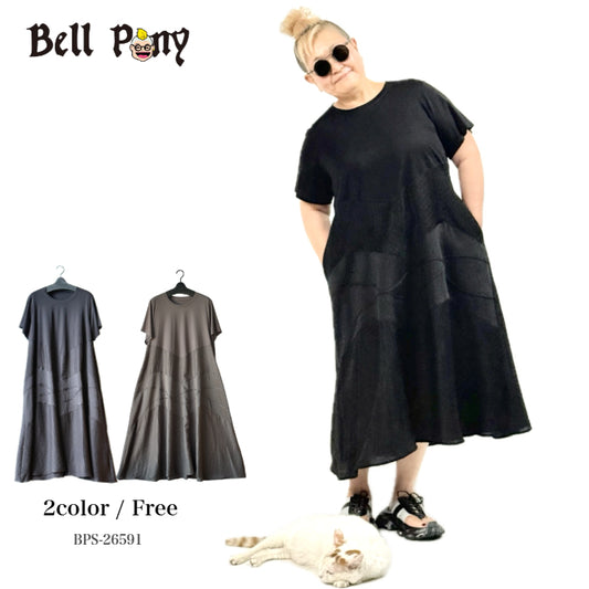 異素材切替 テープデザインロングワンピース BPS-26591 [Bell Pony]