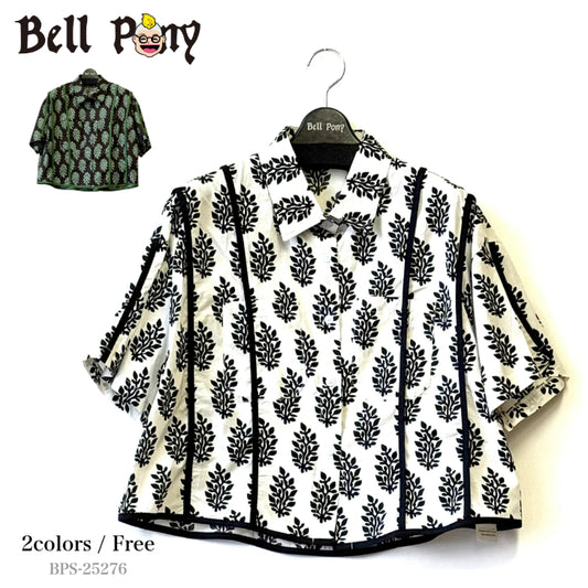 ボタニカル柄 パイピング切り替え プリント シャツ レディース トップス 半袖 BPS-25276 [Bell Pony]