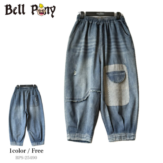 パッチワーク デニムパンツ ダメージ加工 ロング丈 BPS-25490  [Bell Pony]