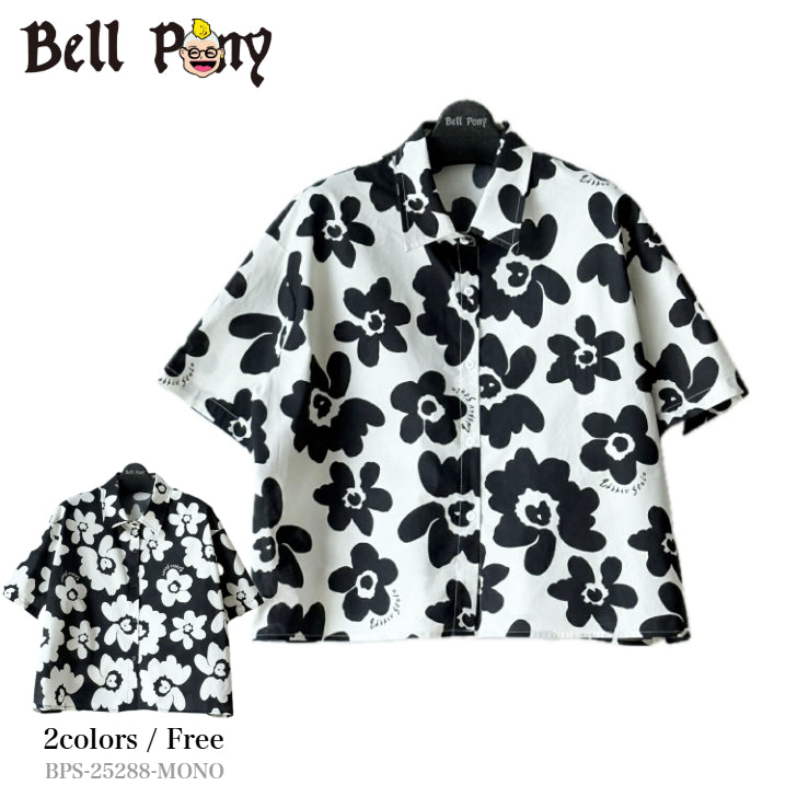花柄 プリント モノトーンシャツ 半袖 BPS-25288-mono [Bell Pony]