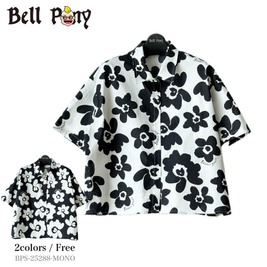 花柄 プリント モノトーンシャツ 半袖 BPS-25288-mono [Bell Pony]