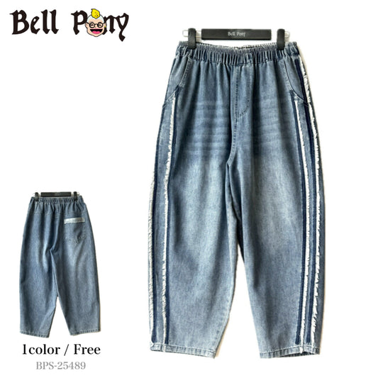 サイドフリンジ デニムパンツ ウォッシュ加工 ロング丈 BPS-25489  [Bell Pony]