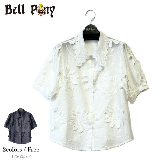 花柄 立体刺繍 デザインシャツ 半袖 BPS-25514 [Bell Pony]