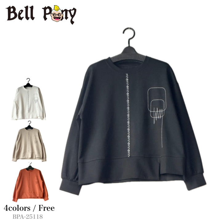 アシンメトリー切替 ジグザグ刺繍 プルオーバー 長袖 BPA-25118 [Bell Pony]