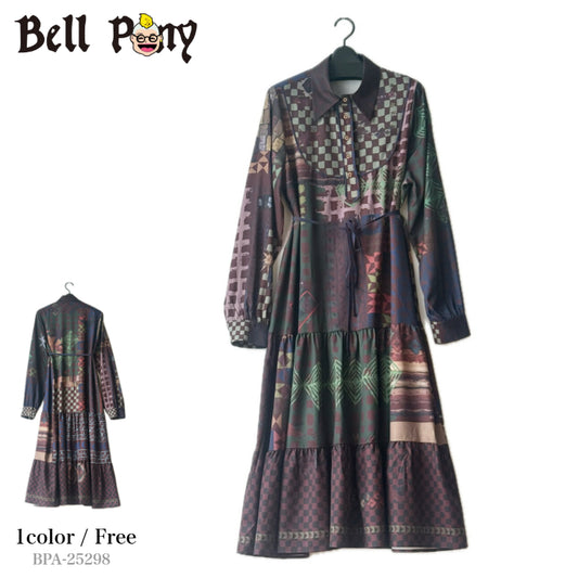 総柄プリント ワンピース 長袖 幾何学柄 BPA-25298 [Bell Pony]