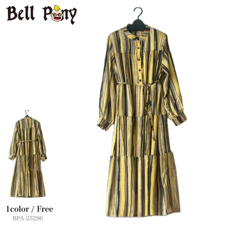 総柄プリント ワンピース 長袖 マルチストライプ柄 BPA-25296 [Bell Pony]