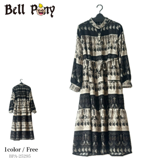 総柄プリント ワンピース 長袖 ペイズリー×ボタニカル柄 BPA-25295 [Bell Pony]