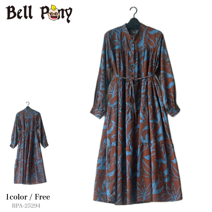 総柄プリント ワンピース 長袖 リーフ柄 BPA-25294 [Bell Pony]