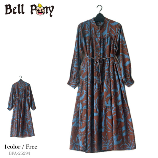 総柄プリント ワンピース 長袖 リーフ柄 BPA-25294 [Bell Pony]