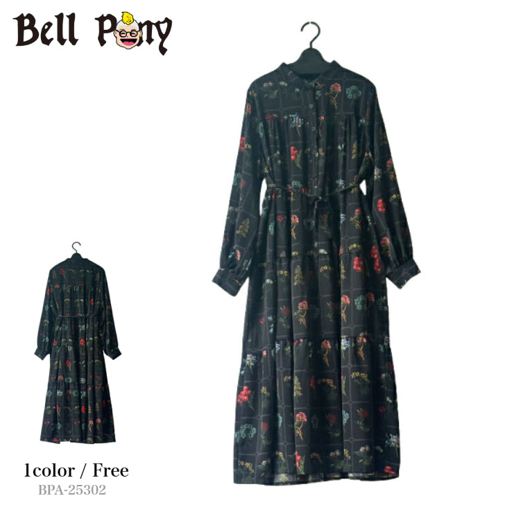 総柄プリント ワンピース 長袖 フラワー柄 BPA-25302 [Bell Pony]