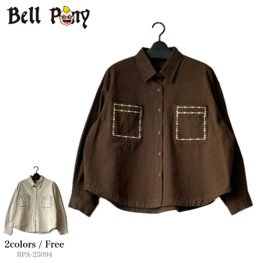 猫+フラワー刺繍シャツ 長袖 BPA-25094 [Bell Pony]
