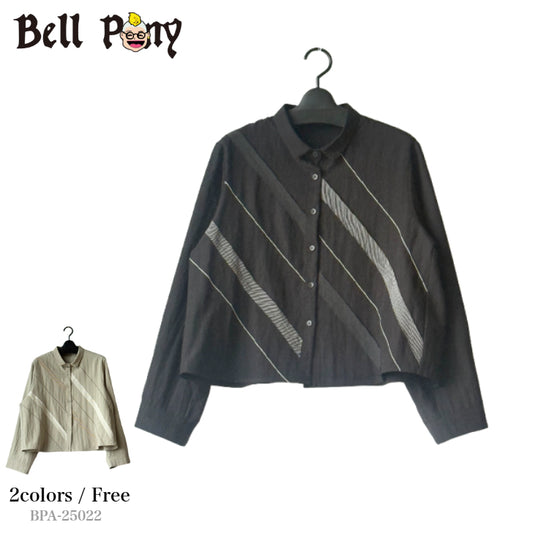 コード刺繍 斜めストライプ柄 シャツ 長袖 BPA-25022 [Bell Pony]
