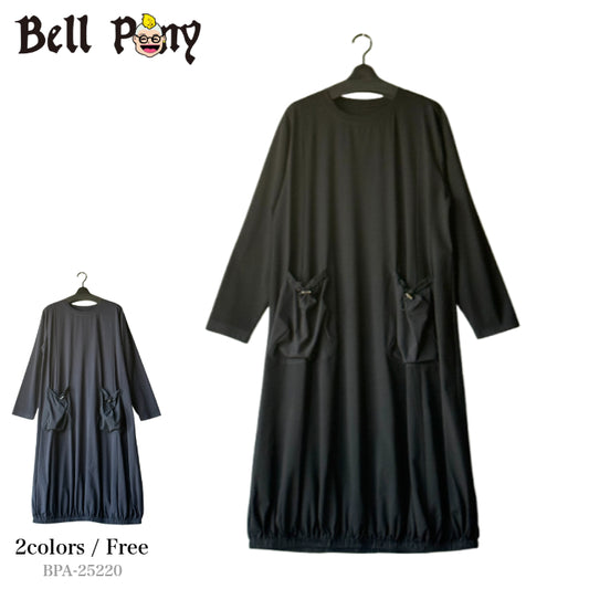 異素材ポケット付き ドレープデザイン ロングワンピース 長袖 BPA-25220 [Bell Pony]