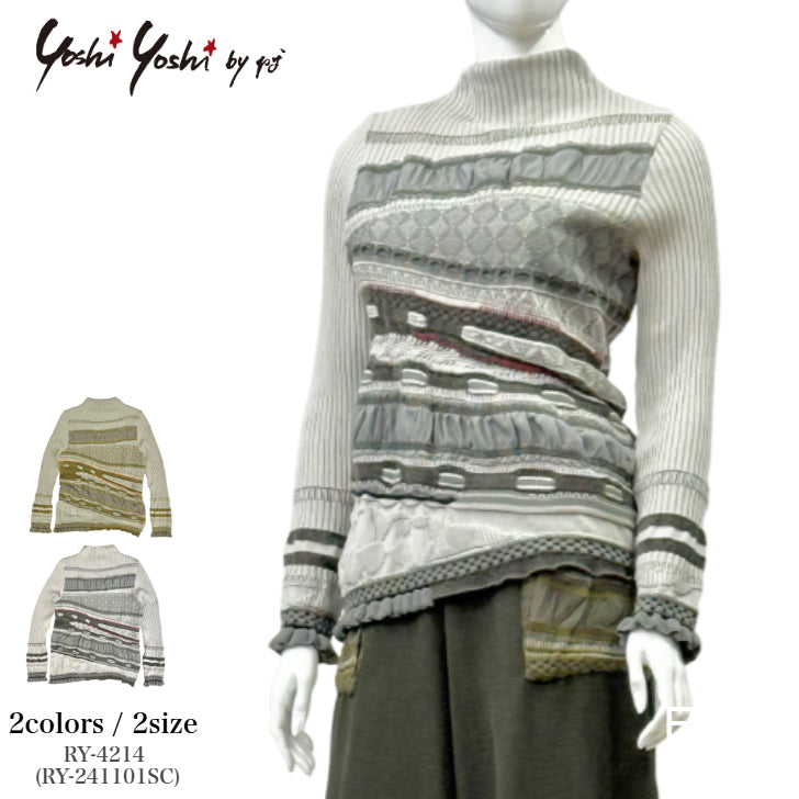 ジャガード×シフォン切り替え ニットプルオーバー RY-4214 [Yoshi Yoshi by pj]