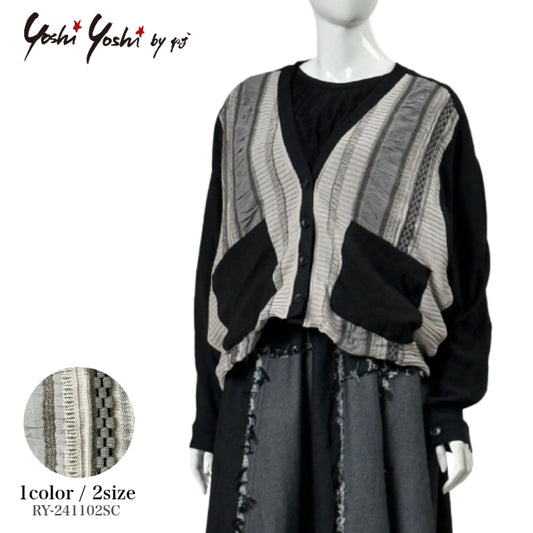 ジャガード×シフォン×布帛切り替え ニットカーディガン RY-241102SC [Yoshi Yoshi by pj]