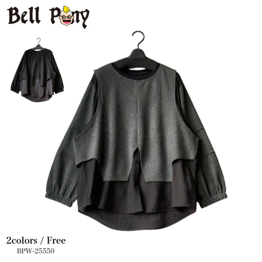 レイヤード風 異素材ドッキング ロングTシャツ BPW-25550 [Bell Pony]