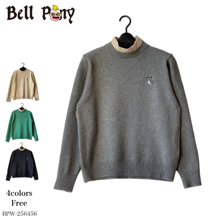 猫刺繍 配色2枚重ねハイネック ニットセーター BPW-25646  [Bell Pony]