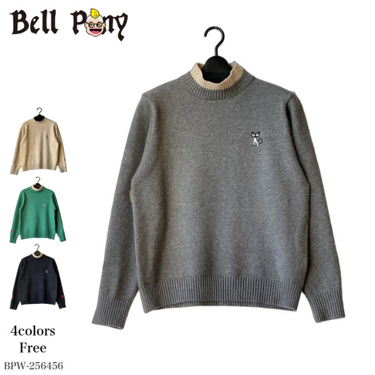 猫刺繍 配色2枚重ねハイネック ニットセーター BPW-25646  [Bell Pony]