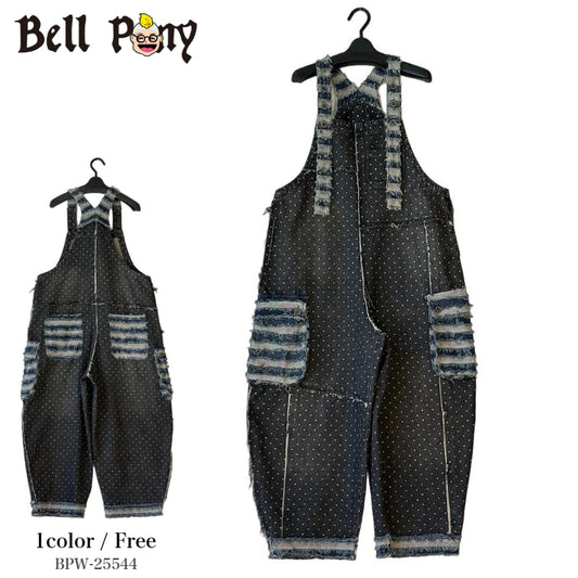 アシンメトリー パッチワーク ドットプリント デニム オーバーオール BPW-25544 [Bell Pony]