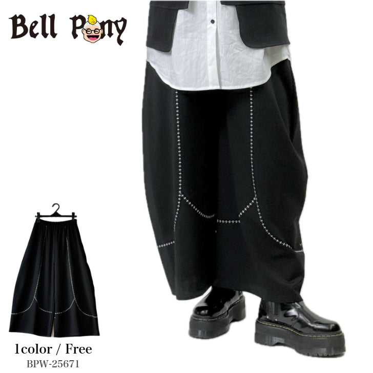 ブランケット風 配色ステッチ ワイドパンツ BPW-25671 [Bell Pony]