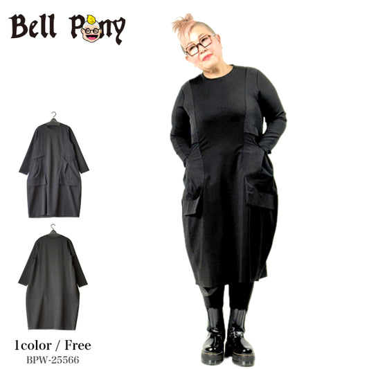 異素材切り替え デザインポケット コクーン ロングワンピース BPW-25566 [Bell Pony]