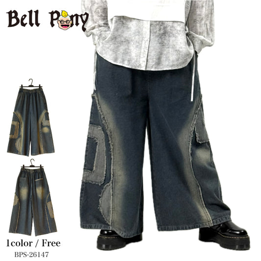 アップリケ刺繍 デニムワイドパンツ BPS-26147 [Bell Pony]