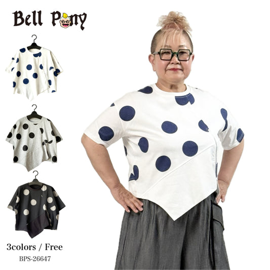 水玉ドット×無地 アシンメトリー切替え Tシャツ BPS-26647 [Bell Pony]