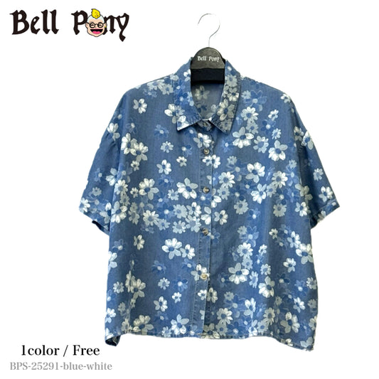 花柄 プリント デニム風半袖シャツ BPS-25291-blue-white-free [Bell Pony]