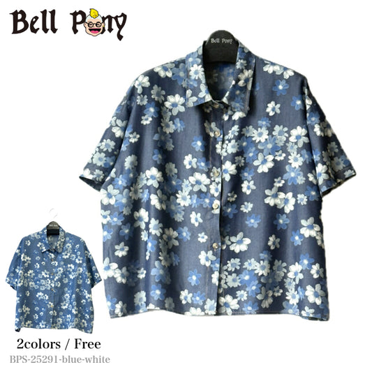 花柄 プリント デニム風 半袖シャツ BPS-25291-blue-white-free [Bell Pony]