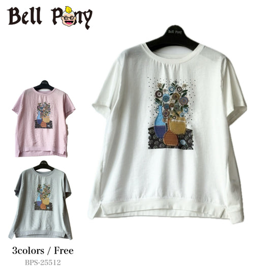 異素材切り替え カラフル花柄 シシュウ+プリント Tシャツ BPS-25512 [Bell Pony]
