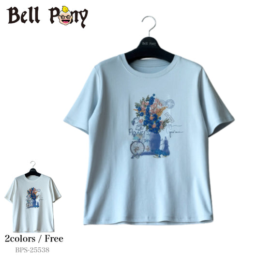 花柄 立体刺繍×プリント Tシャツ 半袖 BPS-25538 [Bell Pony]