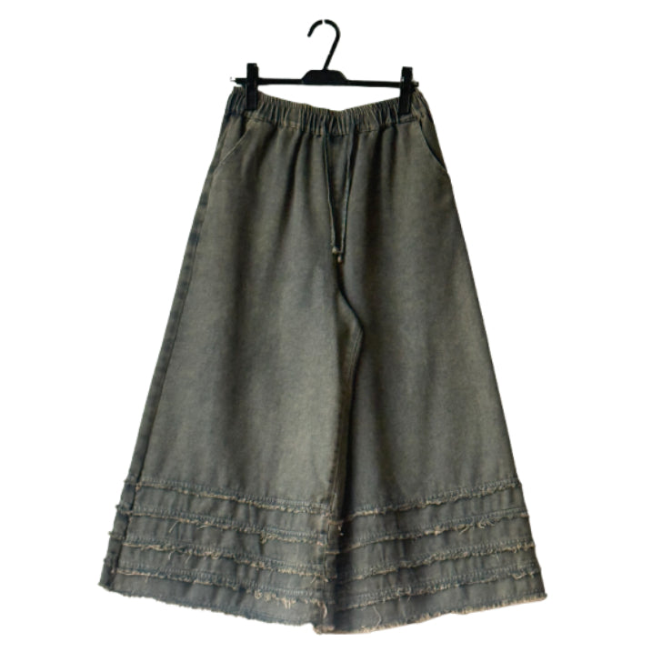 裾フリンジ切り替え デニムワイドパンツ BPA-25304 [Bell Pony]