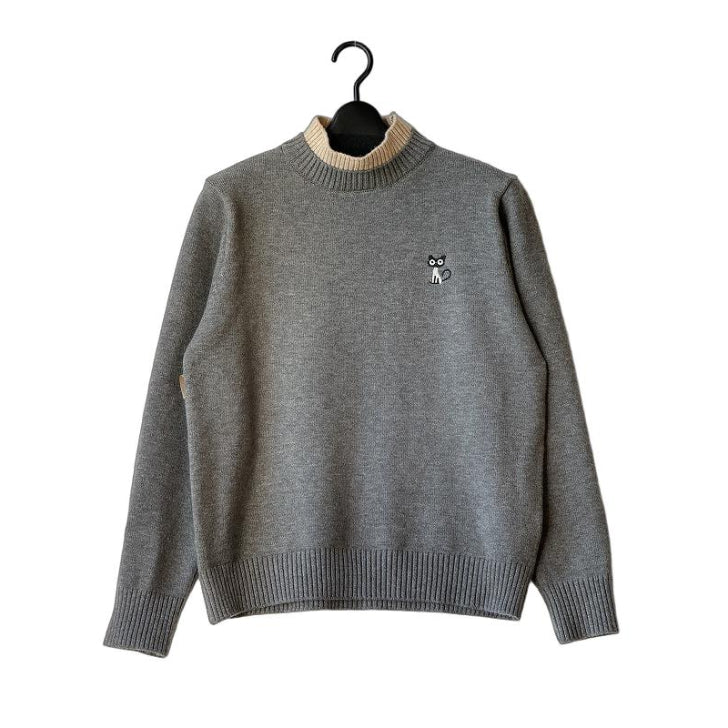 猫刺繍 配色2枚重ねハイネック ニットセーター BPW-25646  [Bell Pony]