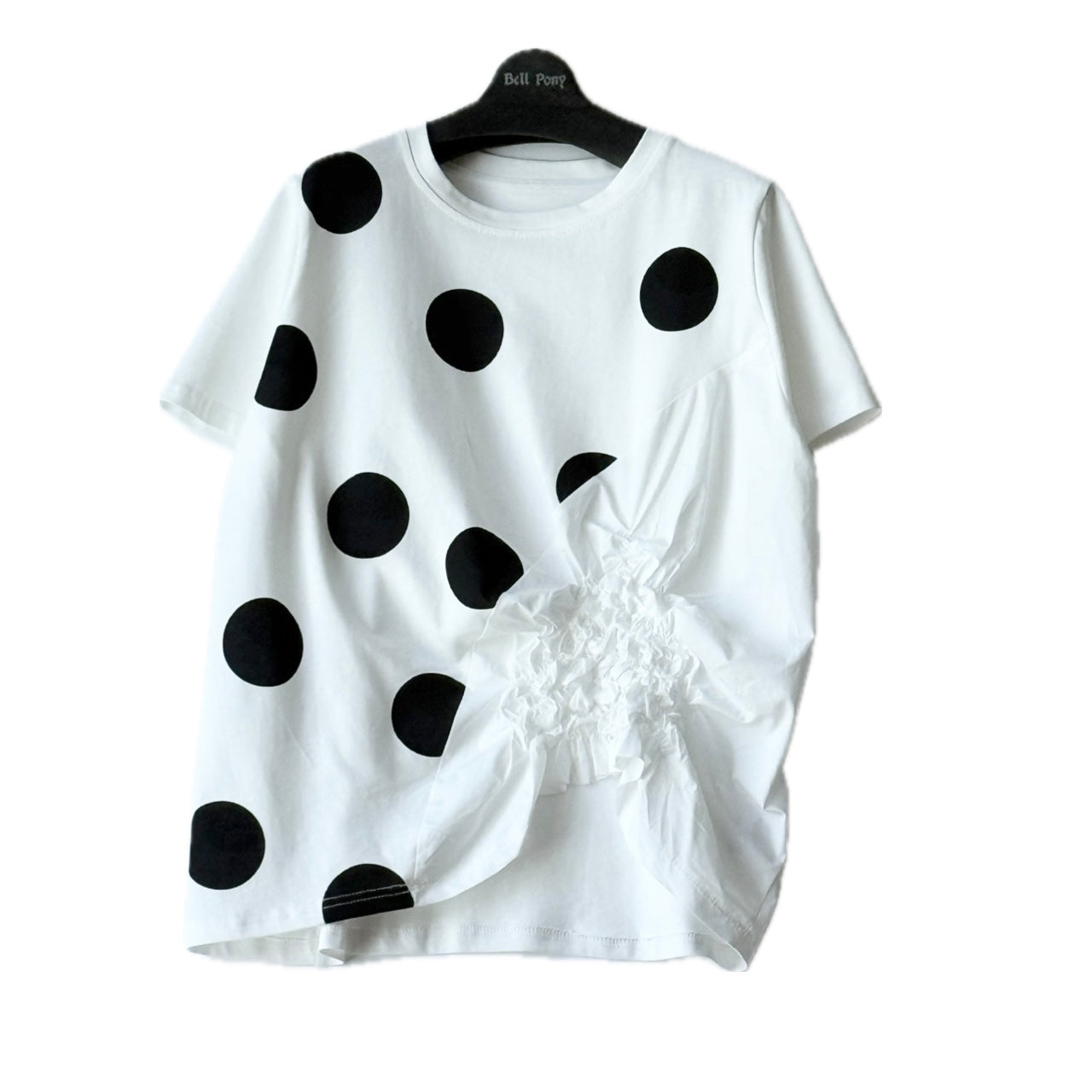 異素材切り替え ドットプリント+シャーリング デザインTシャツ 半袖 BPS-25241 [Bell Pony]
