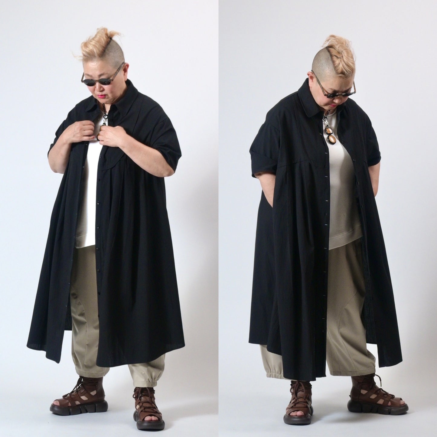 アシンメトリー切替デザイン シャツワンピース ロングシャツ 半袖 BP-250503SC [Bell Pony]