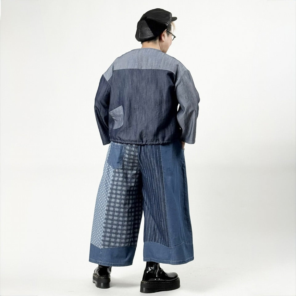 アシンメトリー異素材切り替え パッチワーク デニムワイドパンツ BPS-26231 [Bell Pony]