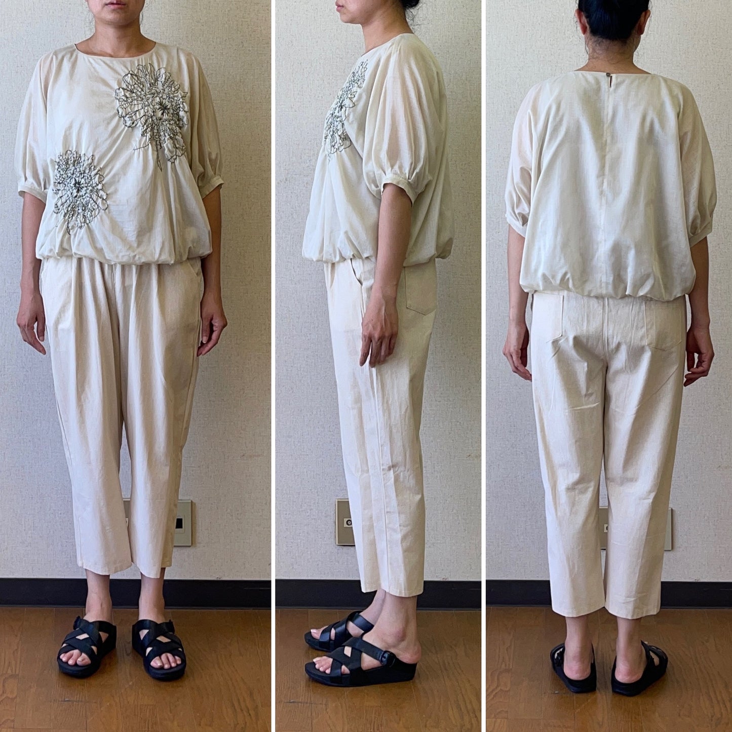 軽く涼やかな 花柄 シシュウ シャツ プルオーバー 5分袖 夏 ブラウス レディース トップス CI-220622 / CI-250401 [Yoshi Yoshi by pj]