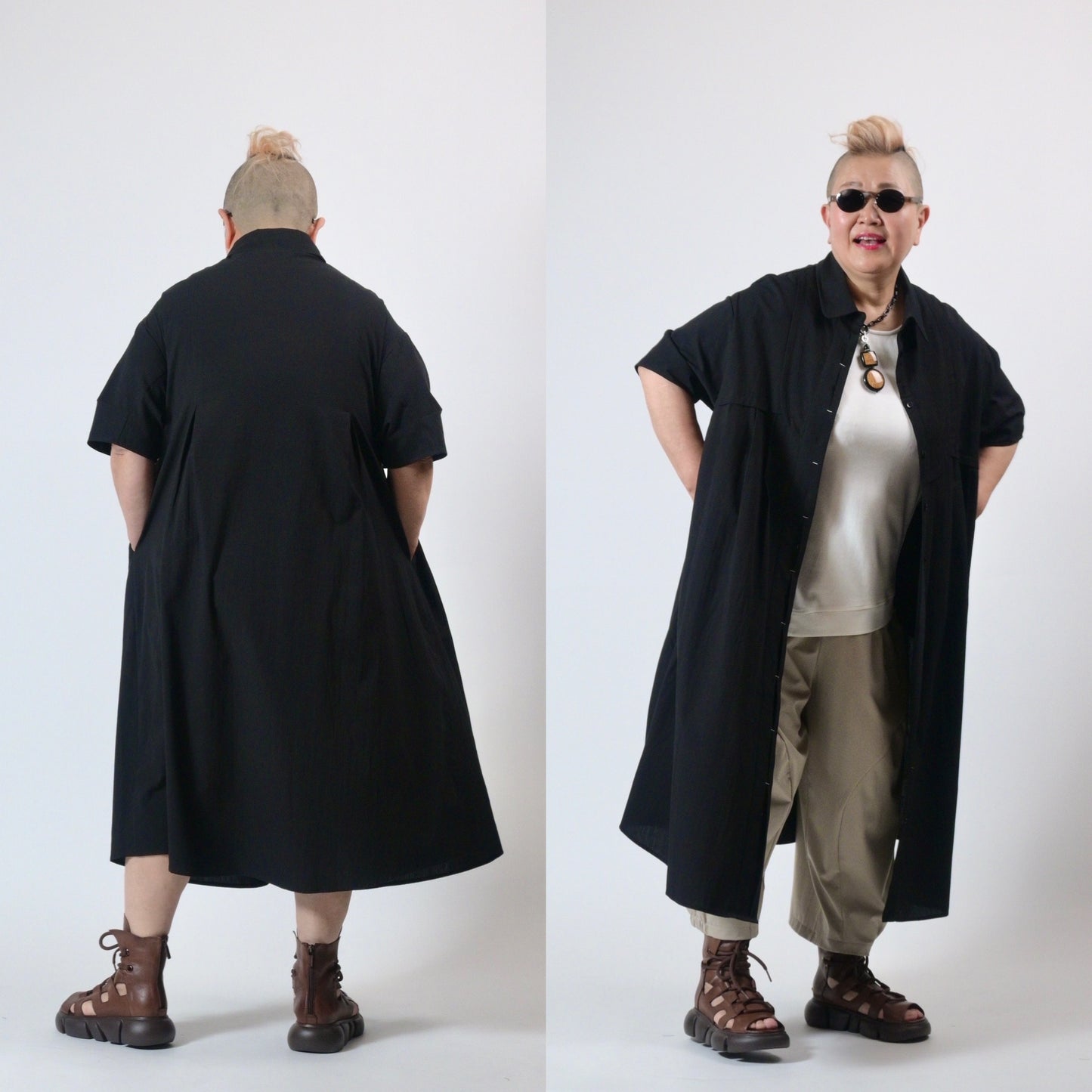 アシンメトリー切替デザイン シャツワンピース ロングシャツ 半袖 BP-250503SC [Bell Pony]