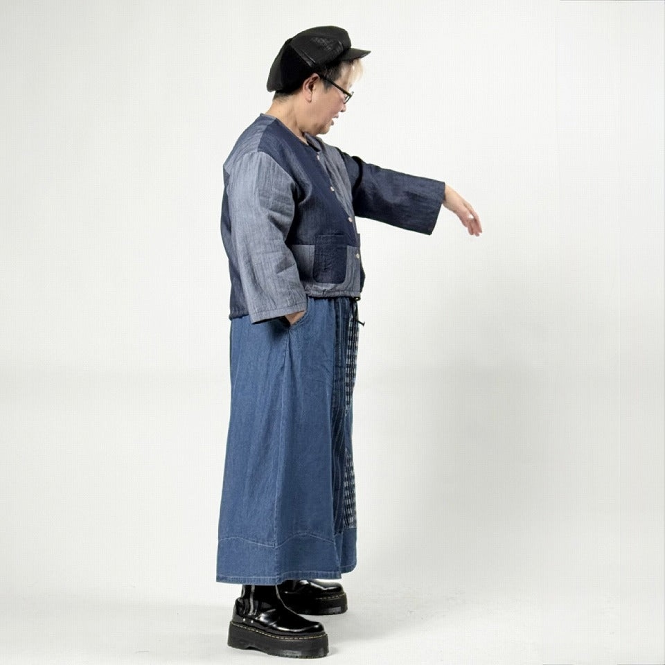 アシンメトリー異素材切り替え パッチワーク デニムワイドパンツ BPS-26231 [Bell Pony]