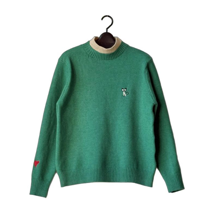 猫刺繍 配色2枚重ねハイネック ニットセーター BPW-25646  [Bell Pony]